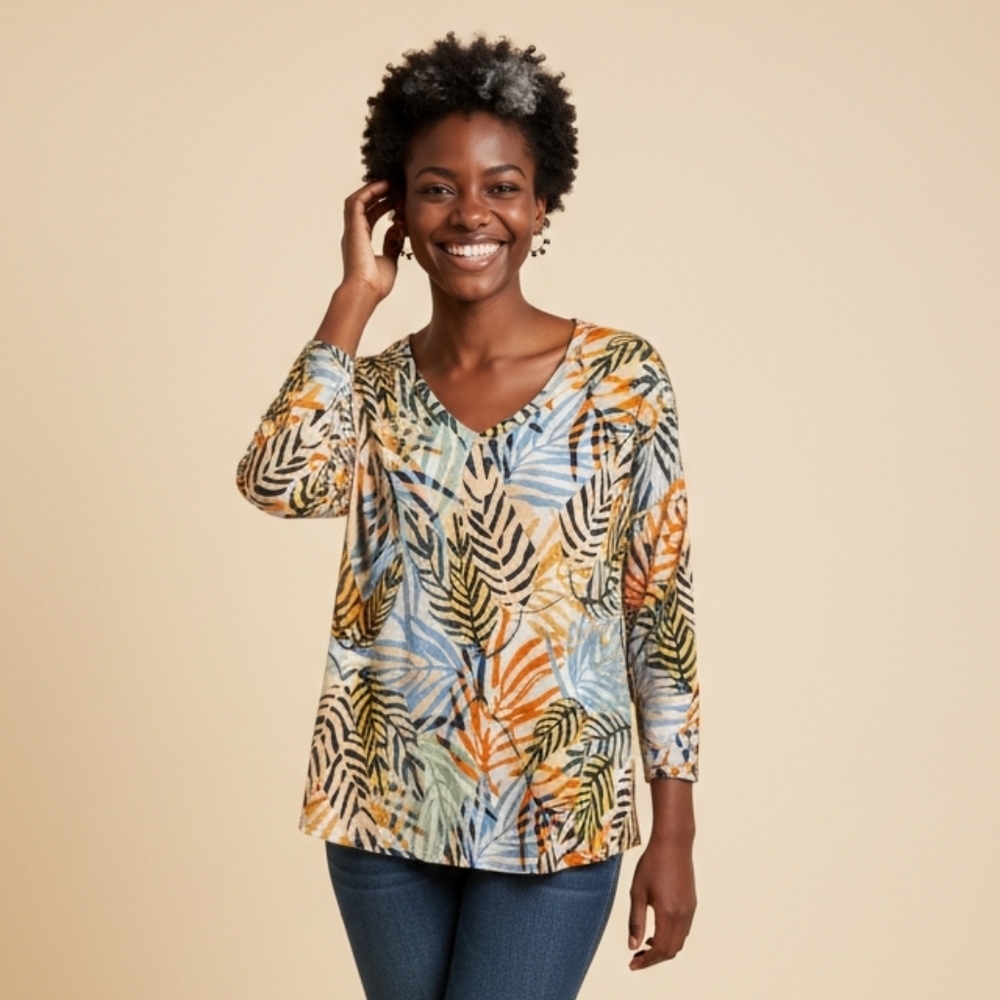 Tahari Multicolor Leaf Print Blouse
